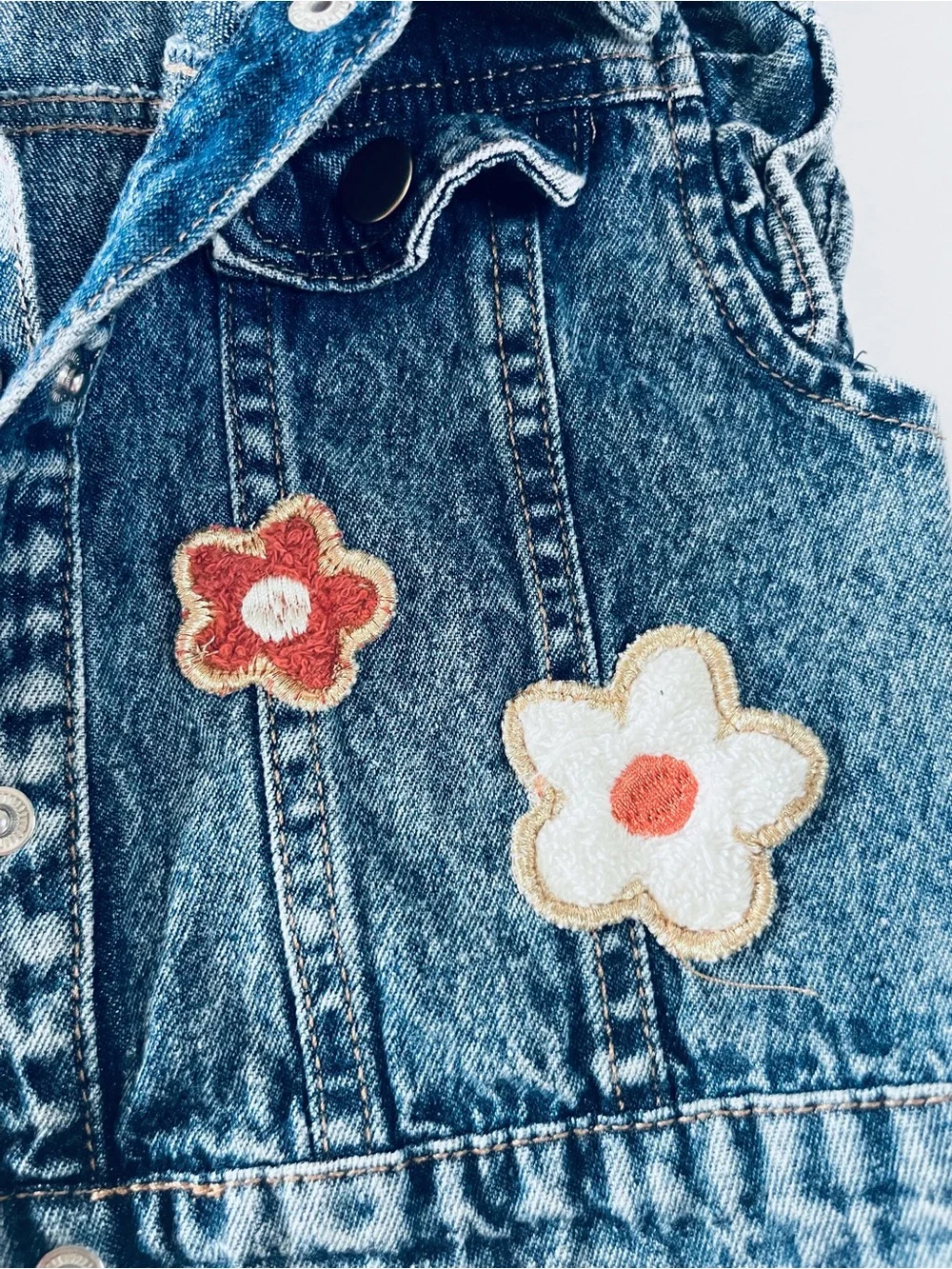 Little Lass Blue Denim Sleeveless Jacket with Floral Patches
